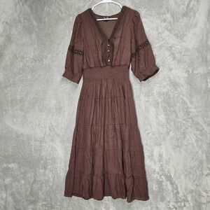Kings Road Brown Tiered Smocked Waist V Neck Midi Dress Womens XL Rayon Blend